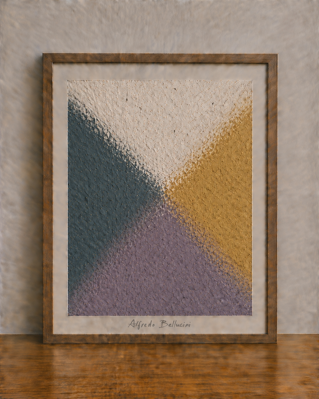 Abstract art against warm wood backdrop