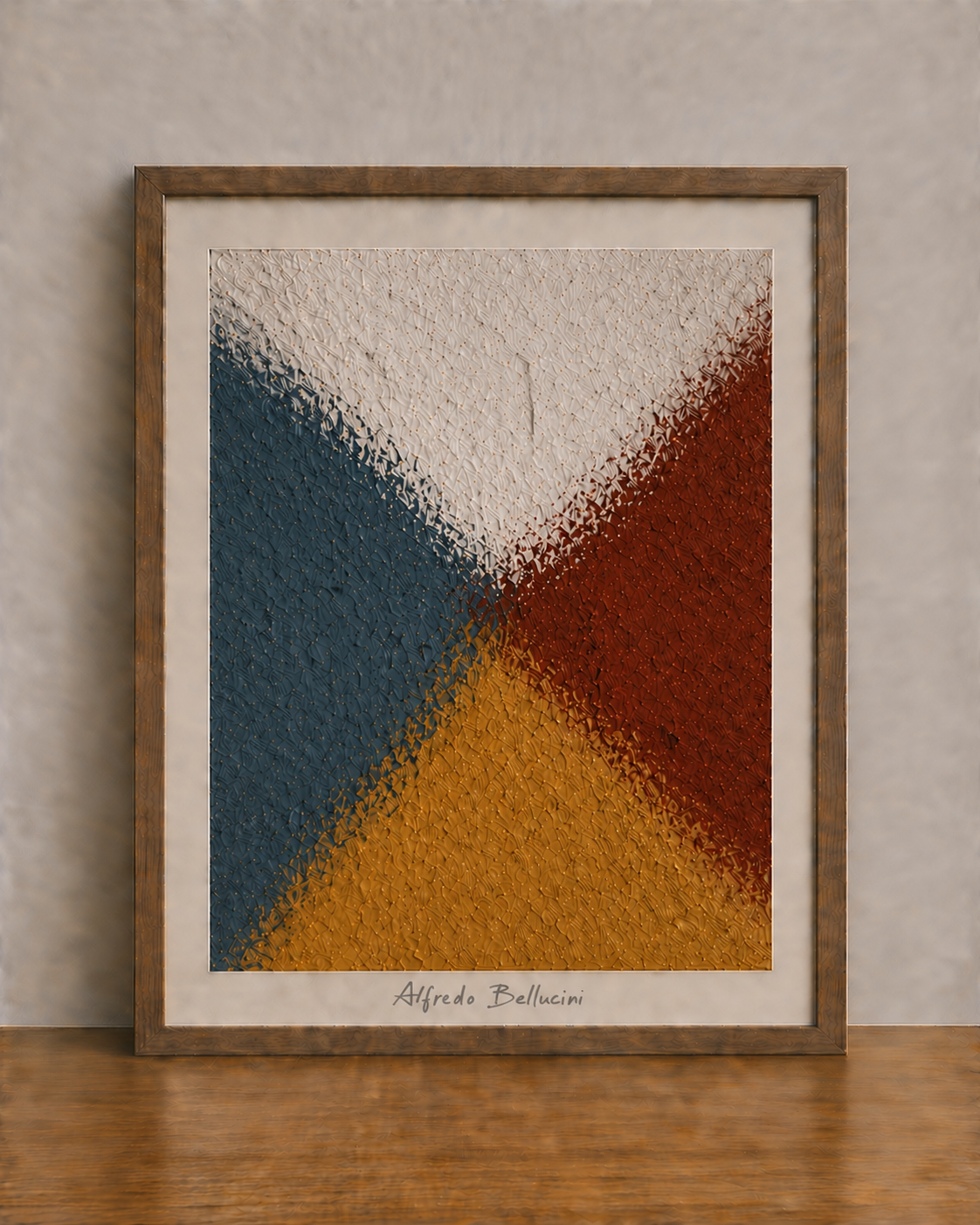 Abstract artwork in warm gallery setting