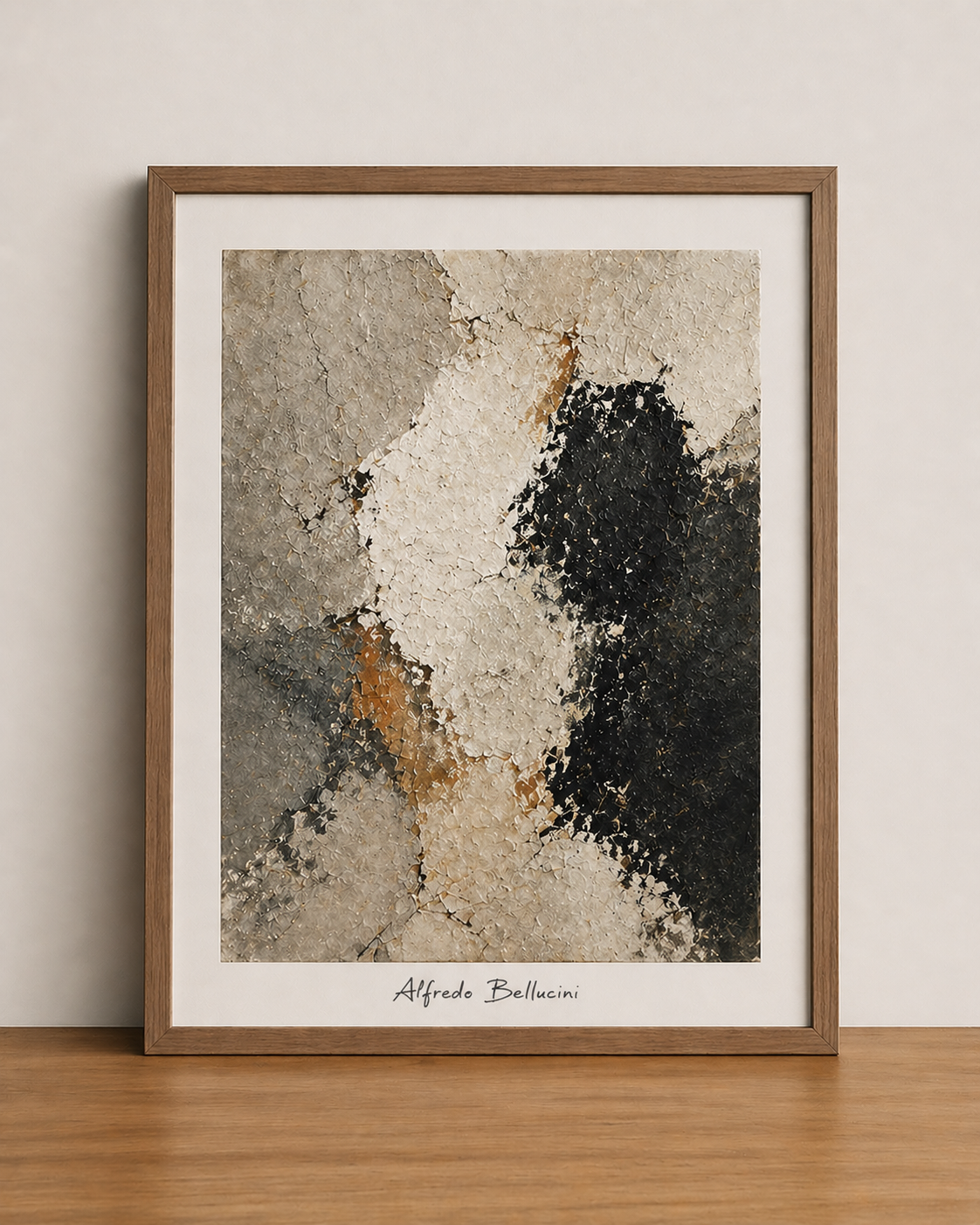 Abstract artwork on wooden surface