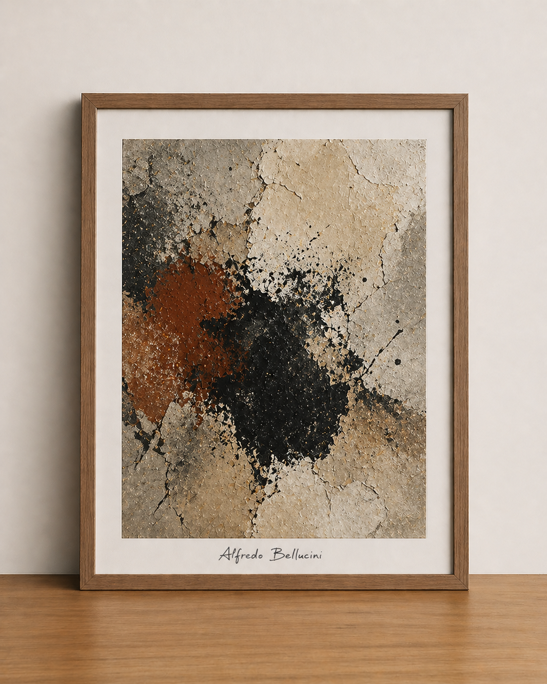 Abstract expressionism on wood shelf