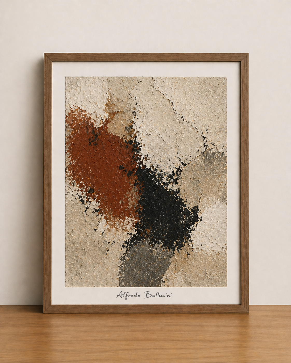 Abstract impasto art on wooden table