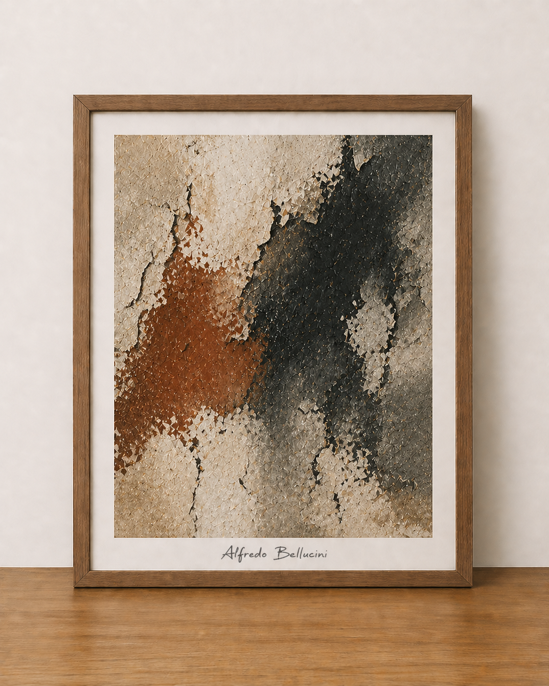 Abstract painting on wooden shelf