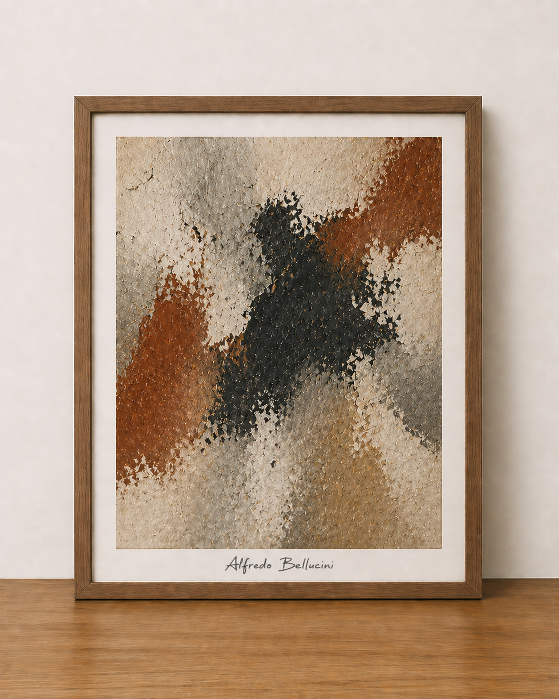 Abstract work on wooden ledge