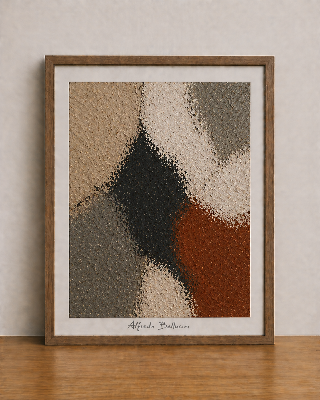 Textured abstract artwork on wooden table